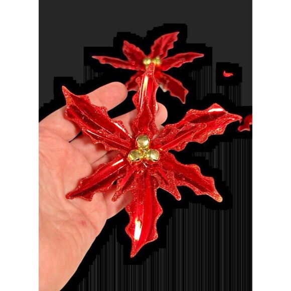 Vintage Poinsettia ClipOn Christmas Ornament Metallic Glitter w/ Jingle Bells 5” - Picture 3 of 7